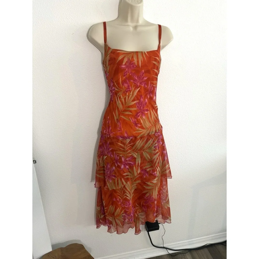 Vintage Y2K Slip Dress Midi Sz 12 Orange Tropical Chiffon Meghan Matthews Resort